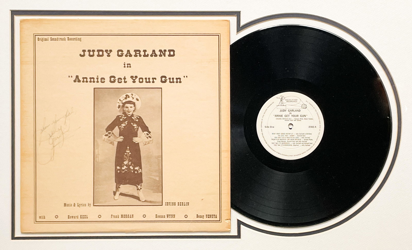 Judy Garland Autographed Record - Annie Get Your Gun: Lot 156 Judy Garland Autographed Record - Annie Get Your Gun framed original soundtrack recording from 1950 with music by Irving Berlin, signed in ink to cover 'From your pal, Judy Garland' frame: 19 