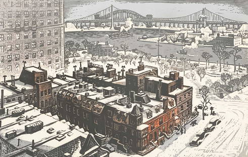 Woldemar Neufeld - Hell Gate from 86th St.: Lot 222 Woldemar Neufeld American/Russian (1909-2002) Hell Gate from 86th St. linocut in colors signed in pencil lower right, numbered 6/50 sight: 13 1/8 x 19 3/8 inches frame dimensions: 22 x 27 3/4