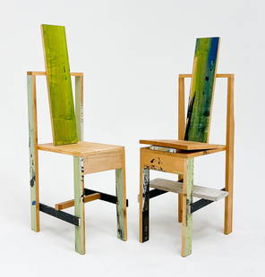 The Bruce High Quality Foundation - 2 Chairs: Lot 30 The Bruce High Quality Foundation (est. 2001) 2 Chairs (2013) assembled wood and paint chairs with numbering 3 and 4 beneath seat, one chair inscribed in graphite taller: 44 x 13 x 18 inches Pr