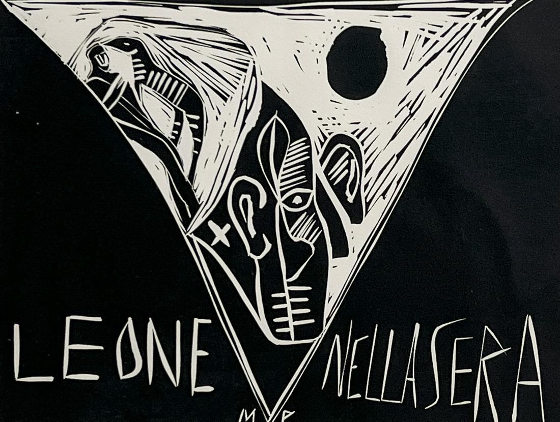 Mimmo Paladino - Leone Nella Sera, from the portfolio Terra Tonda Africana: Lot 90 Mimmo Paladino Italian (b. 1948) Leone Nella Sera, from the portfolio Terra Tonda Africana (1986) linocut on wove paper signed lower right, numbered 11/38 sight: 14 x 17 3/4 inches frame dimens