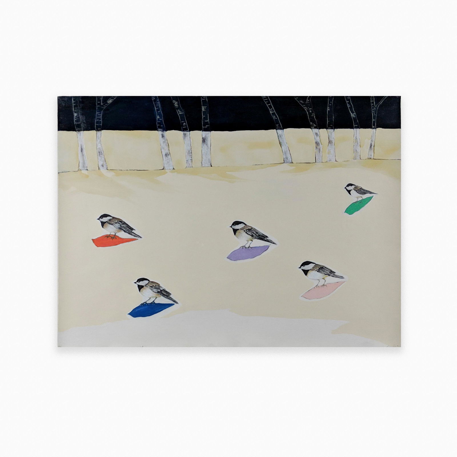 Anne Neely - Chickadees: Lot 114 Anne Neely American (b. 1946) Chickadees acrylic on paper signed lower right sheet: 22 x 30 inches frame dimensions: 30 1/4 x 38 x 1 1/2 inches, wood with glazing Provenance: From a Private C