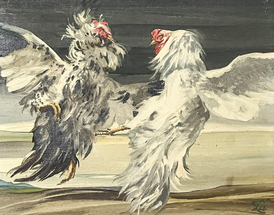 Robert Edmund Lee (aka Robert F. Lei) - Cockfight: Lot 61 Robert Edmund Lee (aka Robert F. Lei) American (1899-1980) Cockfight oil on canvas board signed 'R. Lee' lower right 8 x 10 1/4 inches frame dimensions: 18 x 20 1/4 x 3 1/2 inches, ornately car