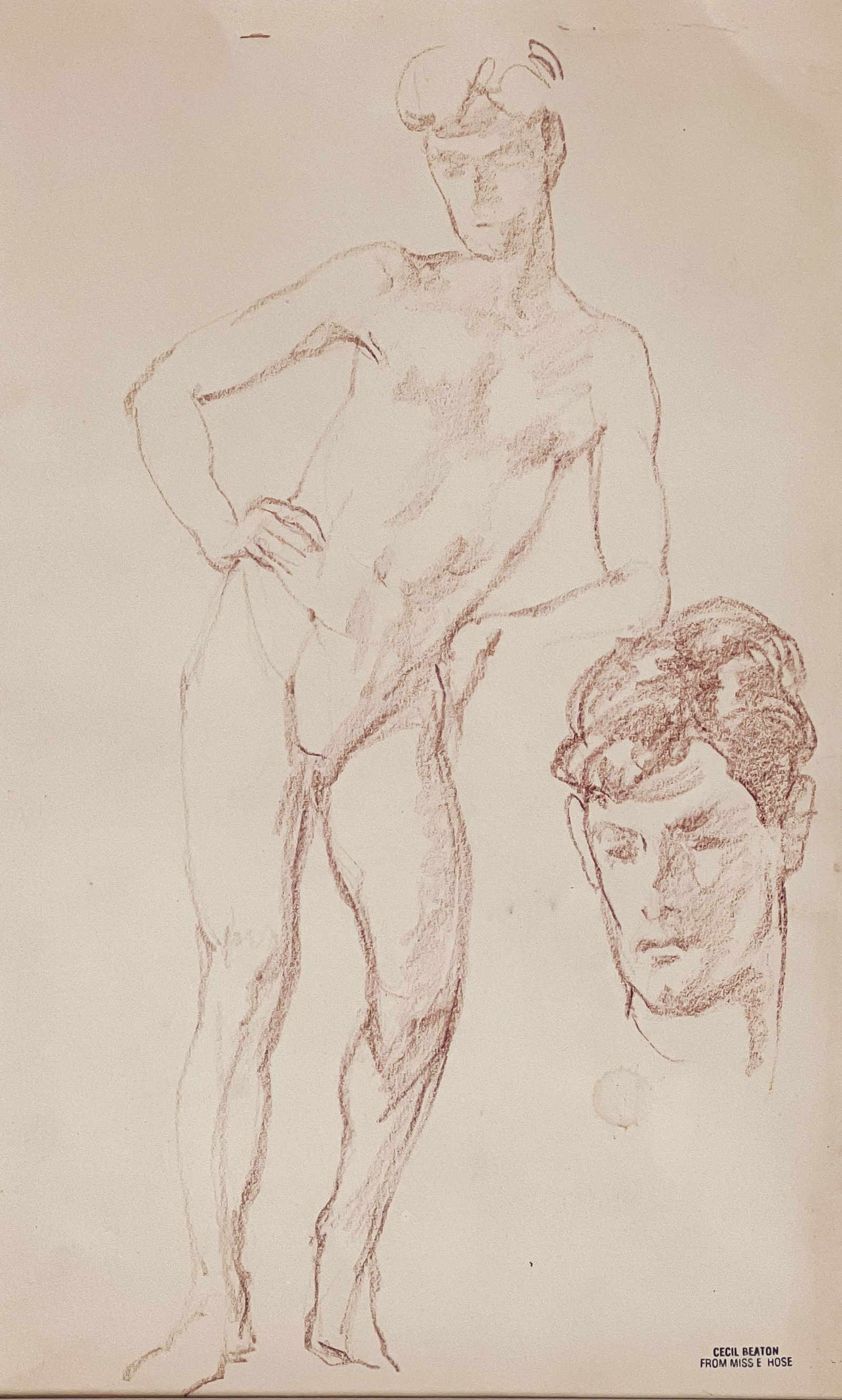 Cecil Beaton - Male Nude Study: Lot 46 Cecil Beaton British (1904-1980) Male Nude Study colored pencil on paper stamped lower right 'Cecil Beaton/from Miss E Hose' sight: 12 1/4 x 7 3/8 inches frame dimensions: 21 3/4 x 16 1/2 x 1/2