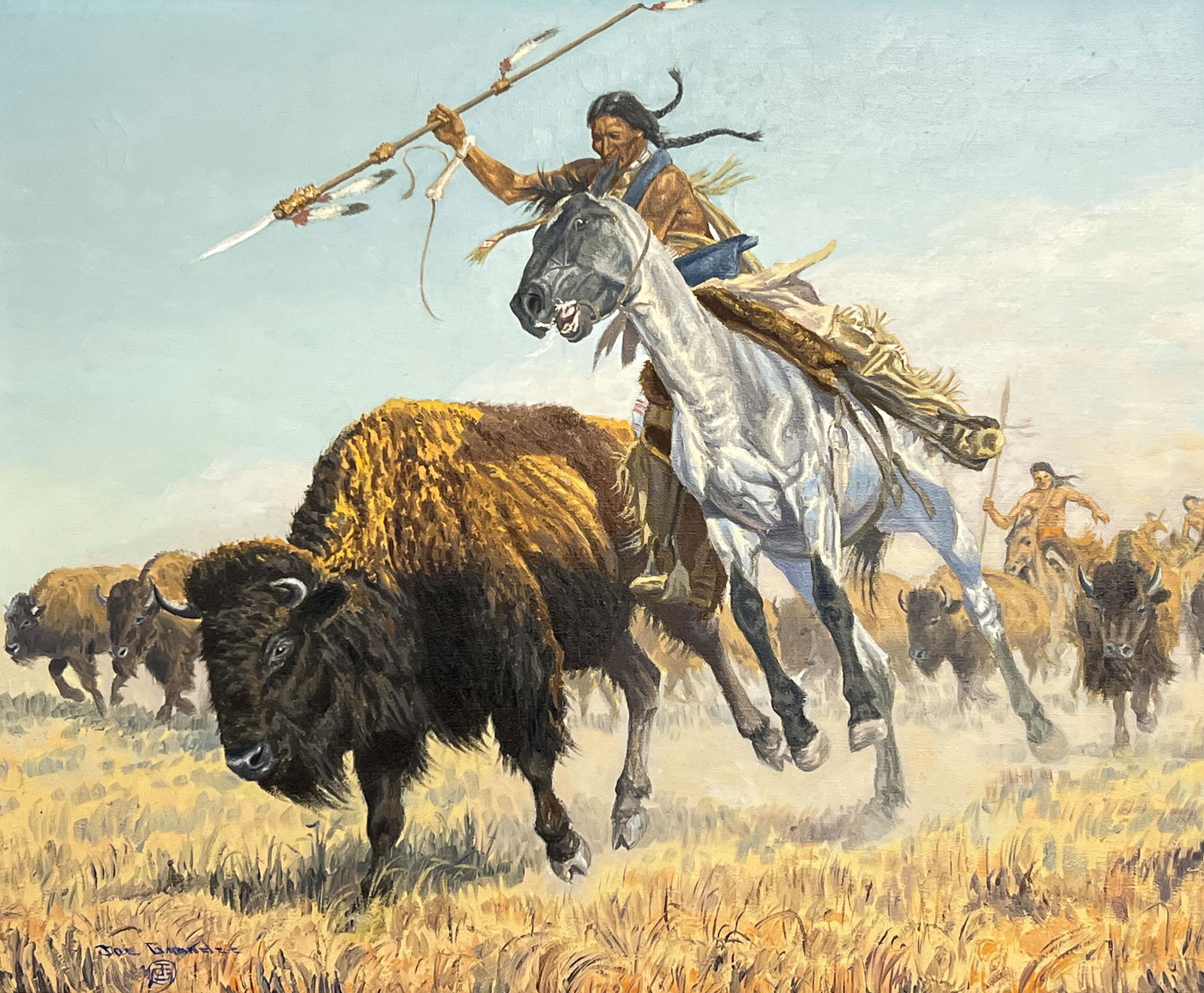 Joe Ruiz Grandee - The Great Spirit Provides: Lot 63 Joe Ruiz Grandee American (1929-2021) The Great Spirit Provides oil on canvas signed and monogrammed lower left 24 1/2 x 30 inches frame dimensions: 34 x 39 x 2 inches, wood frame Provenance: