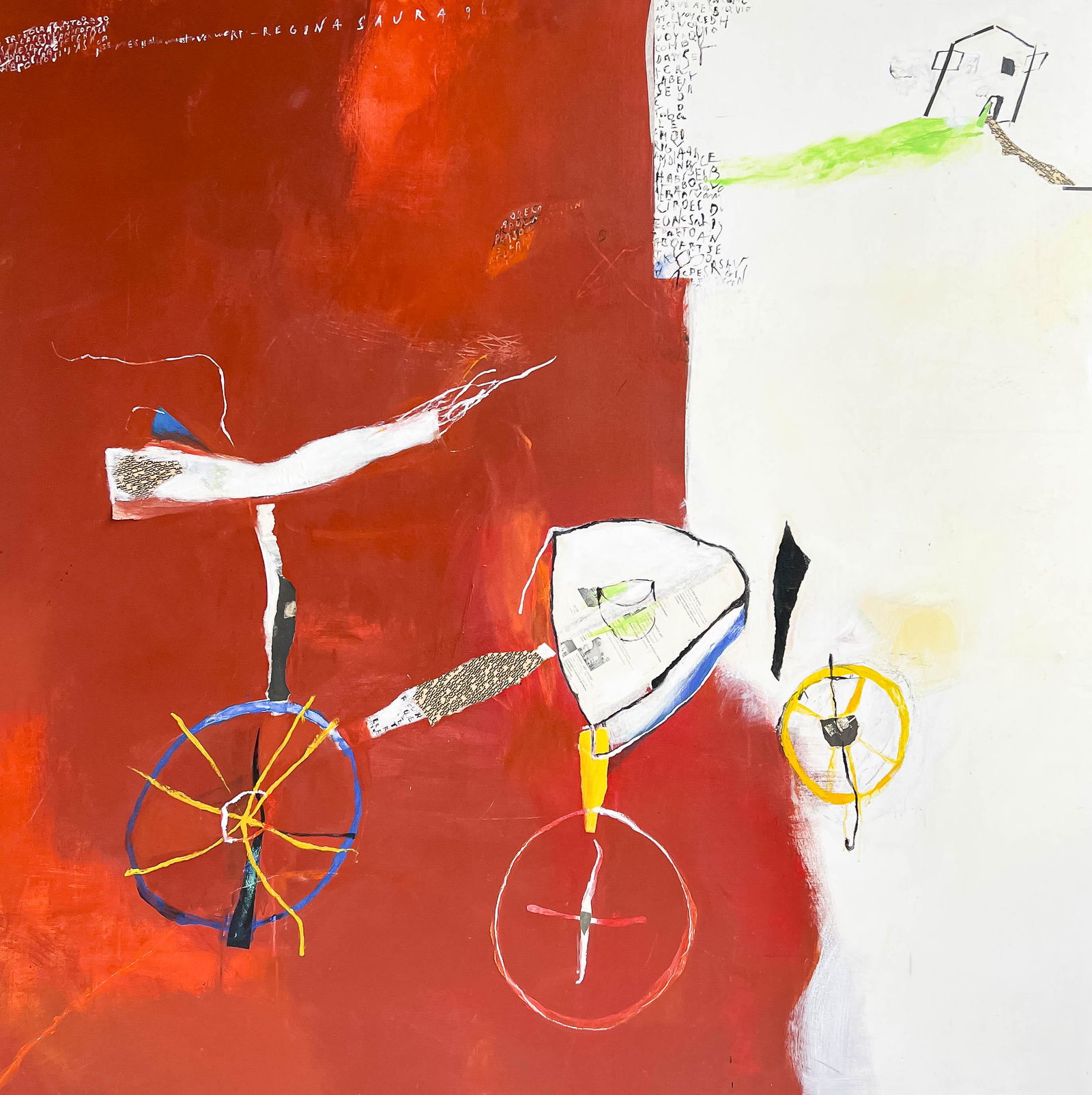 Regina Saura - Untitled (Bicycle): Lot 67 Regina Saura Spanish (b. 1955) Untitled (Bicycle) (1996) mixed media on canvas including acrylic and collage elements signed upper center 68 1/4 x 68 inches frame dimensions: 73 3/4 x 74 x 2 in