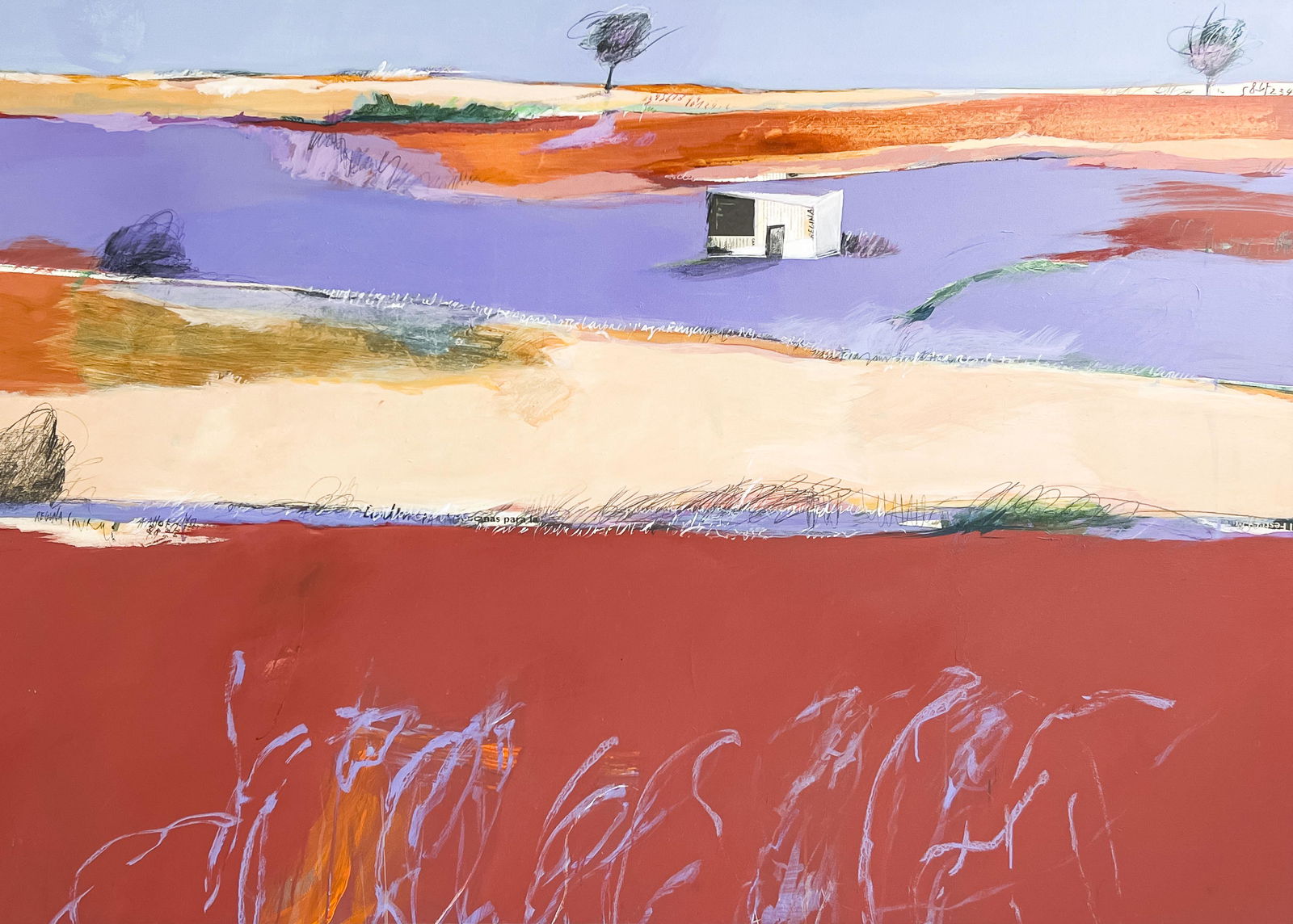 Regina Saura - Pla: Lot 70 Regina Saura Spanish (b. 1955) Pla mixed media on canvas including acrylic and collage elements artist's stamp verso 47 1/2 x 66 5/8 inches frame dimensions: 50 1/4 x 69 3/8 x 1 1/2 inches, woo