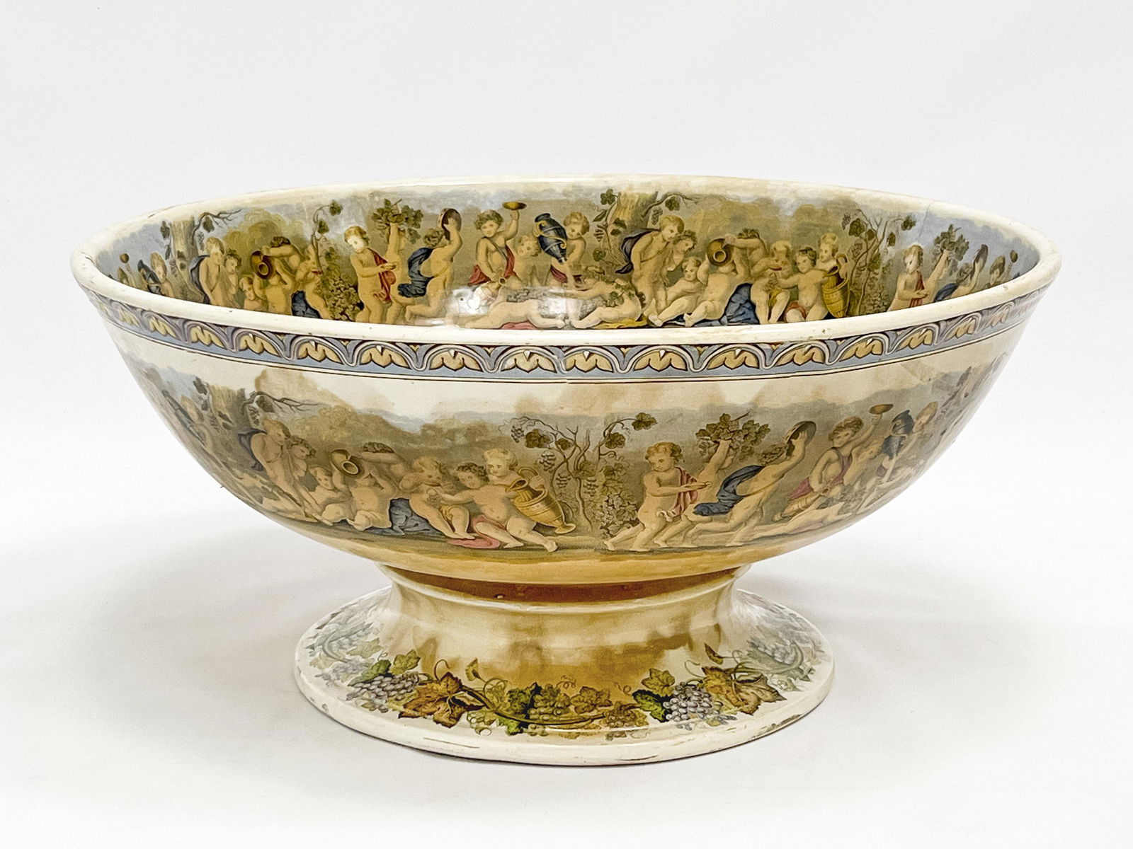 Large Footed Earthenware Punch Bowl with Cherub Motif (1 of 6)