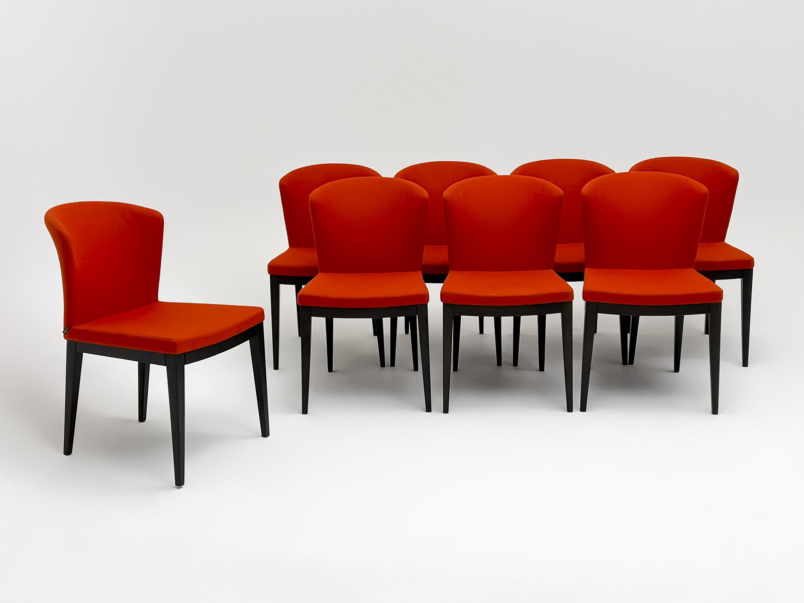 Felt-Covered Dining Chairs, Set of 8: Lot 179 Felt-Covered Dining Chairs, Set of 8 by sohoConcept, with wood bases and orange felt upholstery, zippers to upholstery at back each: 32 x 18 x 19 inches seat height (each): 18 1/2 inches Addit