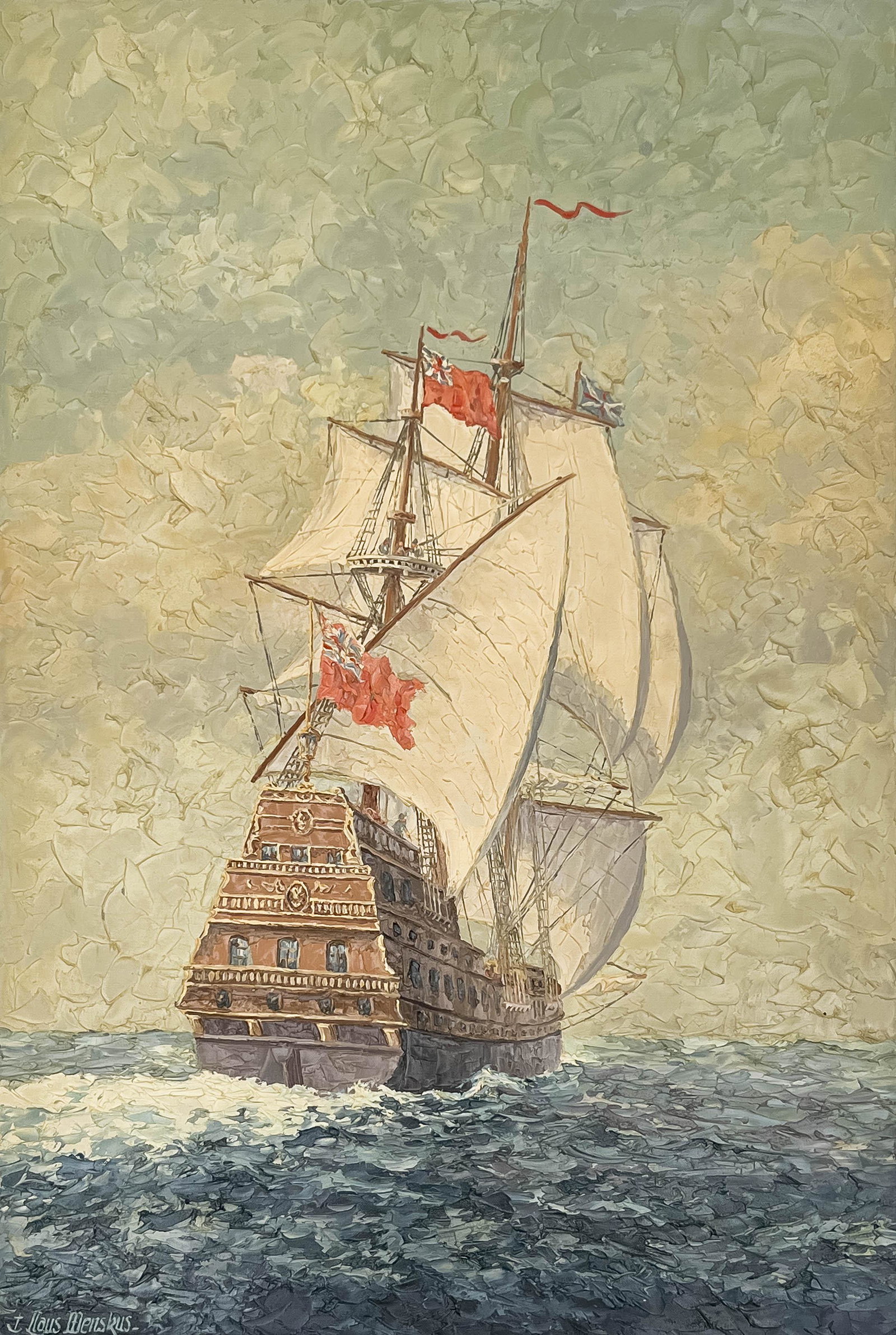 Claus Wenskus - Konvojship at 1650: Lot 6 Claus Wenskus German (1891 – 1966) Konvojship at 1650 (1964) oil on canvas (unstretched) signed lower left 36 x 24 inches unframed Provenance: Property from a Fourth-Generation New York Ar