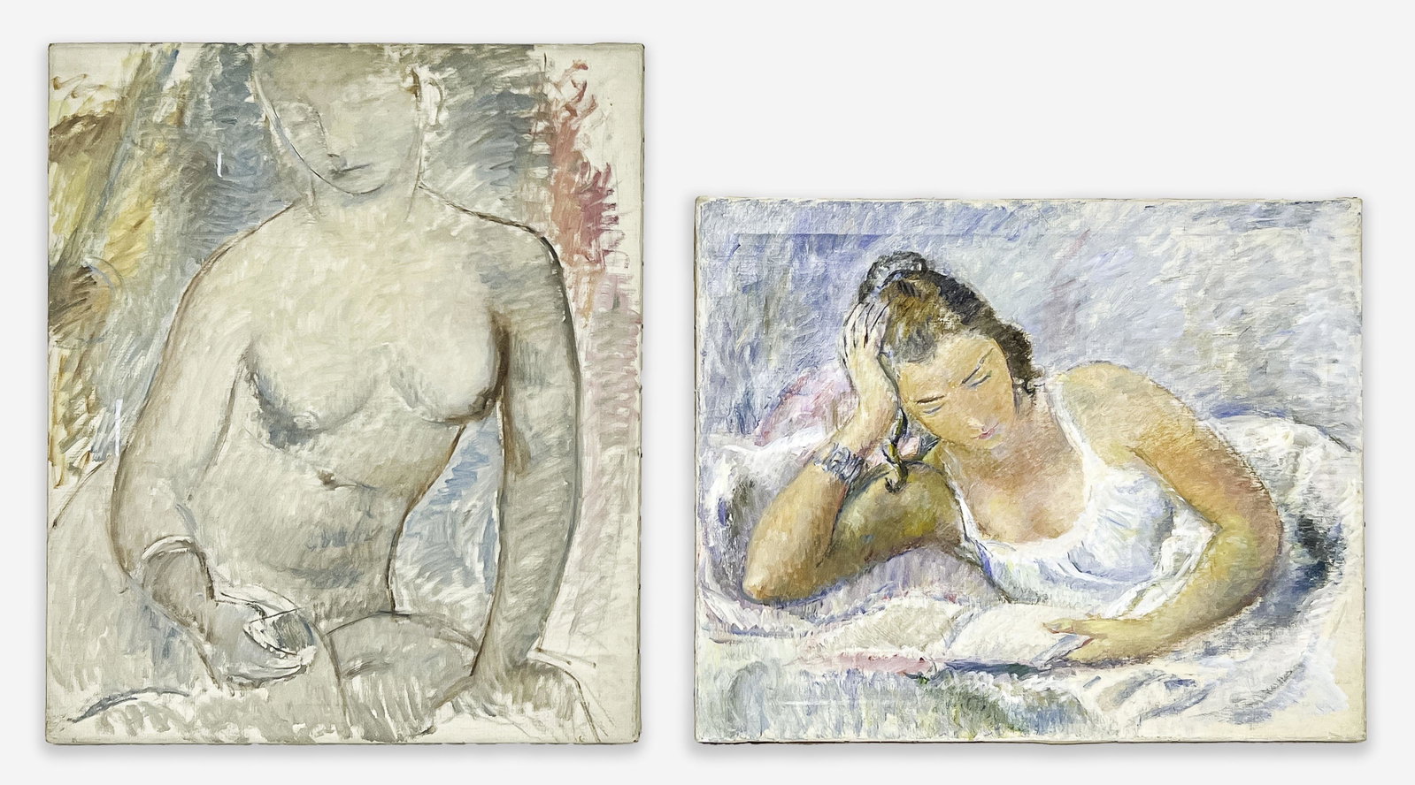 Clara Klinghoffer - Young Woman Reading in Bed / Nude of Young Woman, Unfinished (2 Works): Lot 9 Clara Klinghoffer British/American (1900-1970) Young Woman Reading in Bed / Nude of Young Woman, Unfinished (2 Works) (c. 1965) oil on canvas larger: 30 x 24 inches unframed Provenance: From the