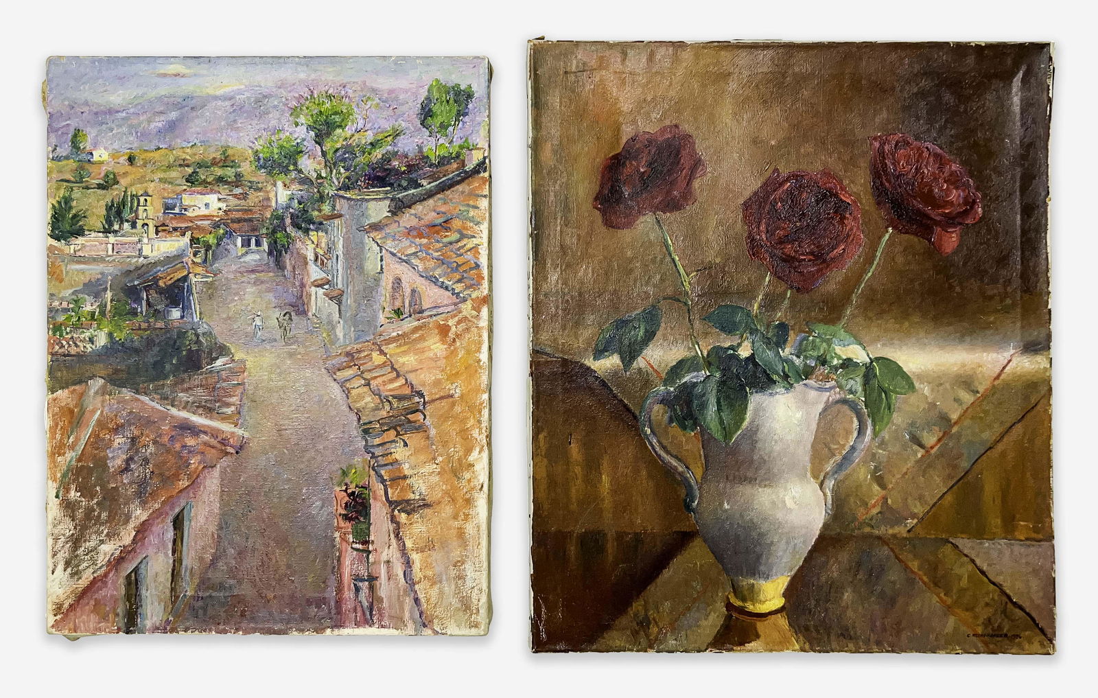 Clara Klinghoffer - Three Red Roses in a Vase / Street Scene in Taxco, Mexico (2 Works) (1 of 8)