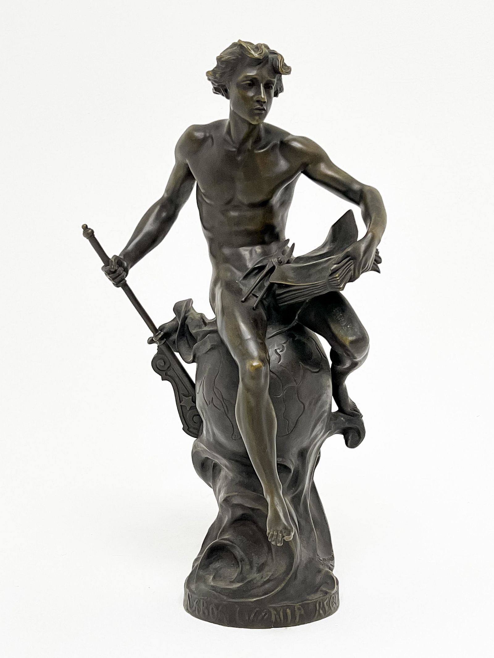 French Bronze Figure, Labor Omnia Regit: Lot 111 French Bronze Figure, Labor Omnia Regit cast after a model by Jean-Baptiste Germain (French, 1841-1910), the base cast with signature 'Germain JB,' with foundry mark 'Vrai Bronze' 19 1/4 x 8