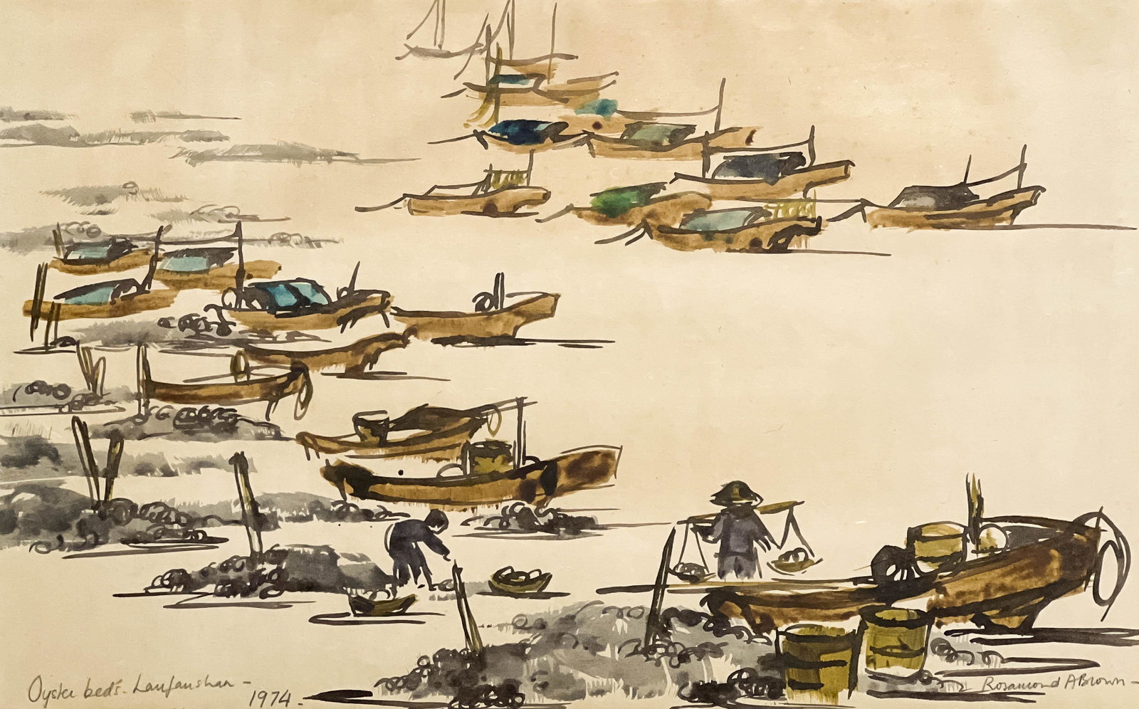 Rosamond Brown - Oyster Beds - Laufashan: Lot 201 Rosamond Brown British (b. 1937) Oyster Beds - Laufashan (1974) watercolor on paper signed lower right 21 x 34 1/2 inches drift c bi Provenance: from a private New York collection