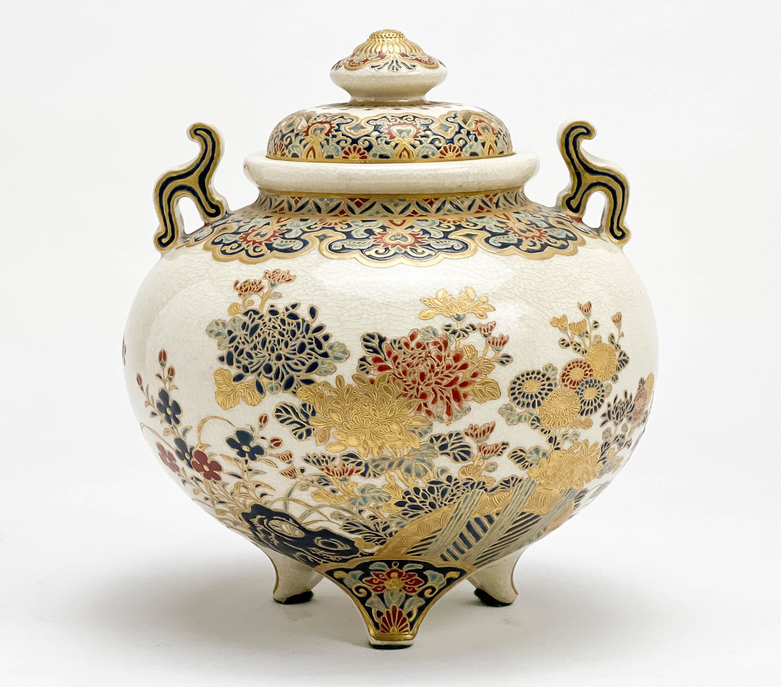 Japanese Satsuma Gosu Blue Enameled Koro and Cover: Lot 32 Japanese Satsuma Gosu Blue Enameled Koro and Cover (Meiji period ) with Shimazu mark in gosu blue and with a gilt two character signature height: 8 1/2 inches diameter: 7 1/2 inches Provenance: