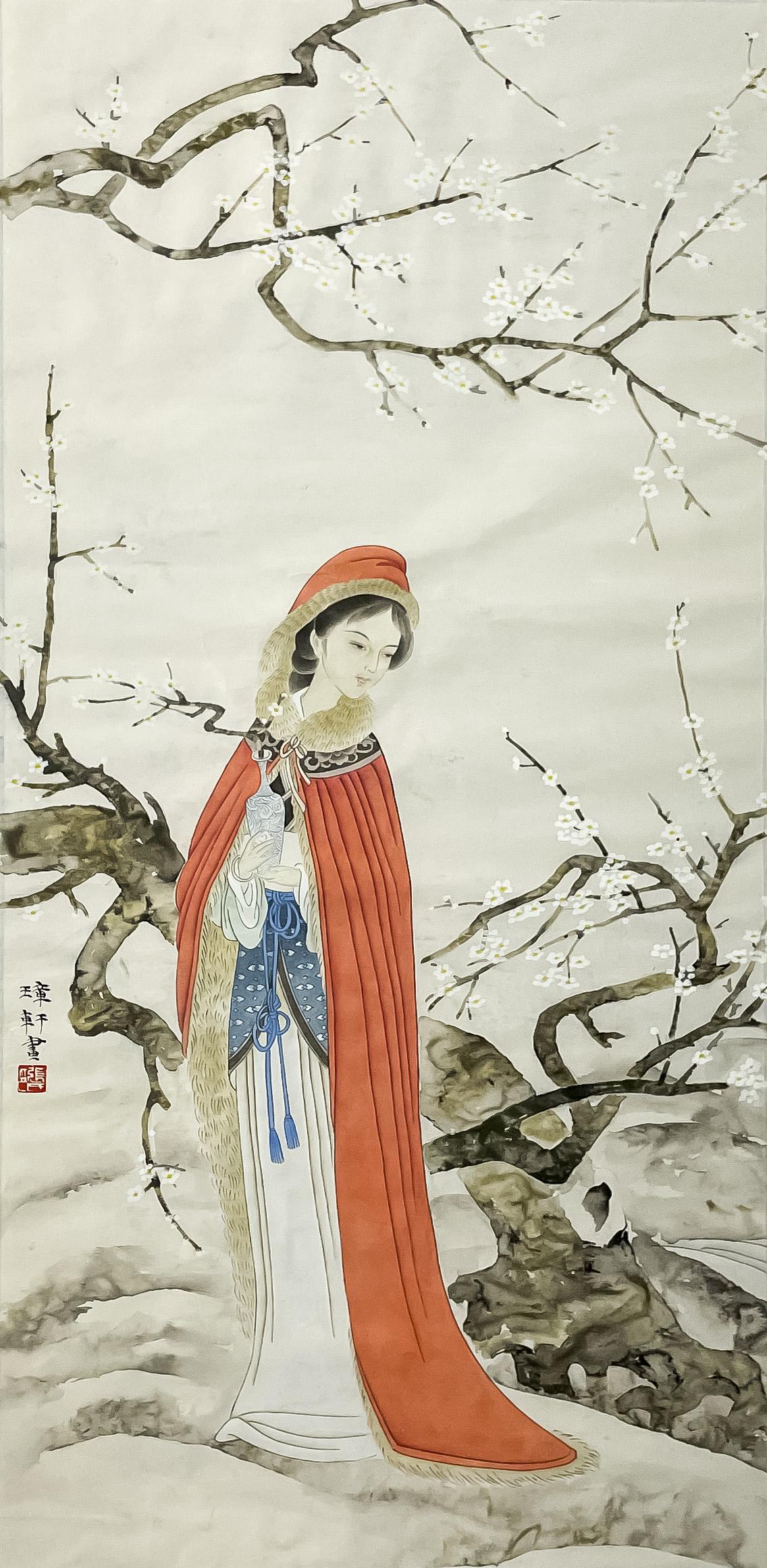 Chinese Painting, Beauty in a Red Cloak, Color Inks on Paper (1 of 4)