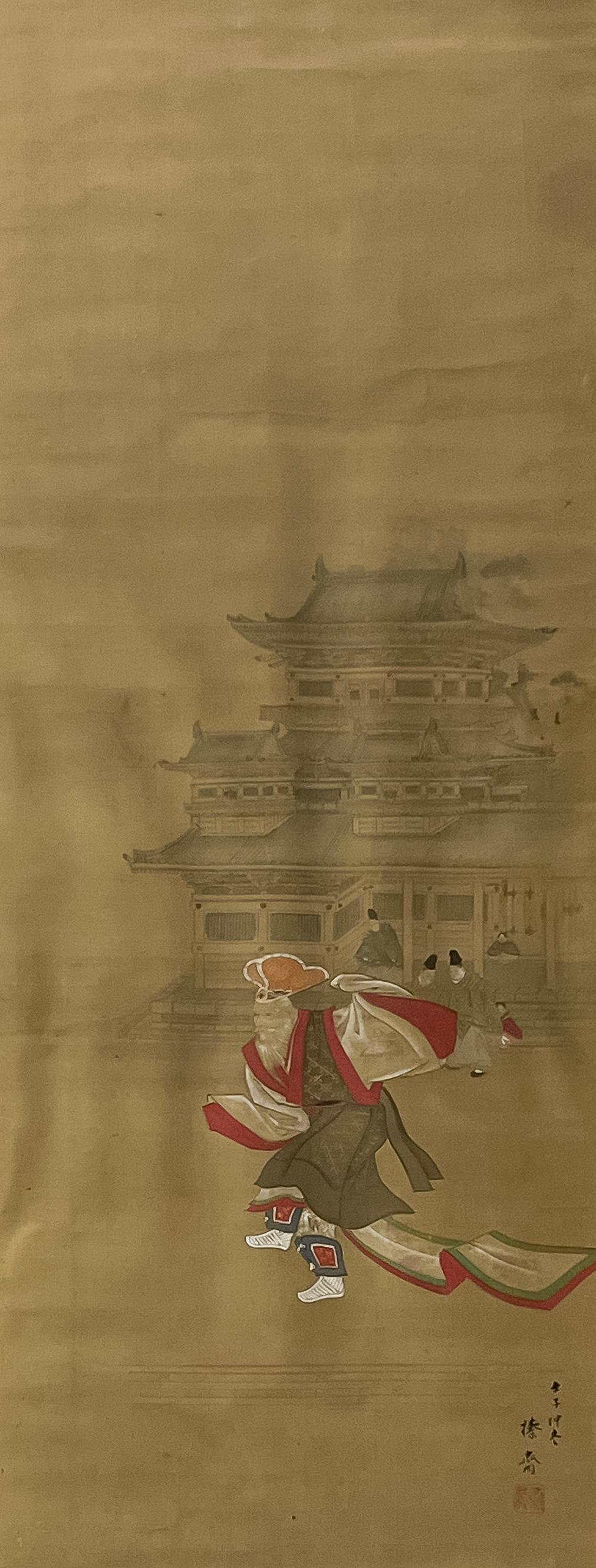 Japanese Painting, Dancing Figure, Ink on Silk: Lot 203 Japanese Painting, Dancing Figure, Ink on Silk the figure dancing before a Shinto temple image: 37 1/4 x 14 1/4 inches frame dimensions: 44 7/8 x 18 1/2 x 1 inches, black wood frame with acryl