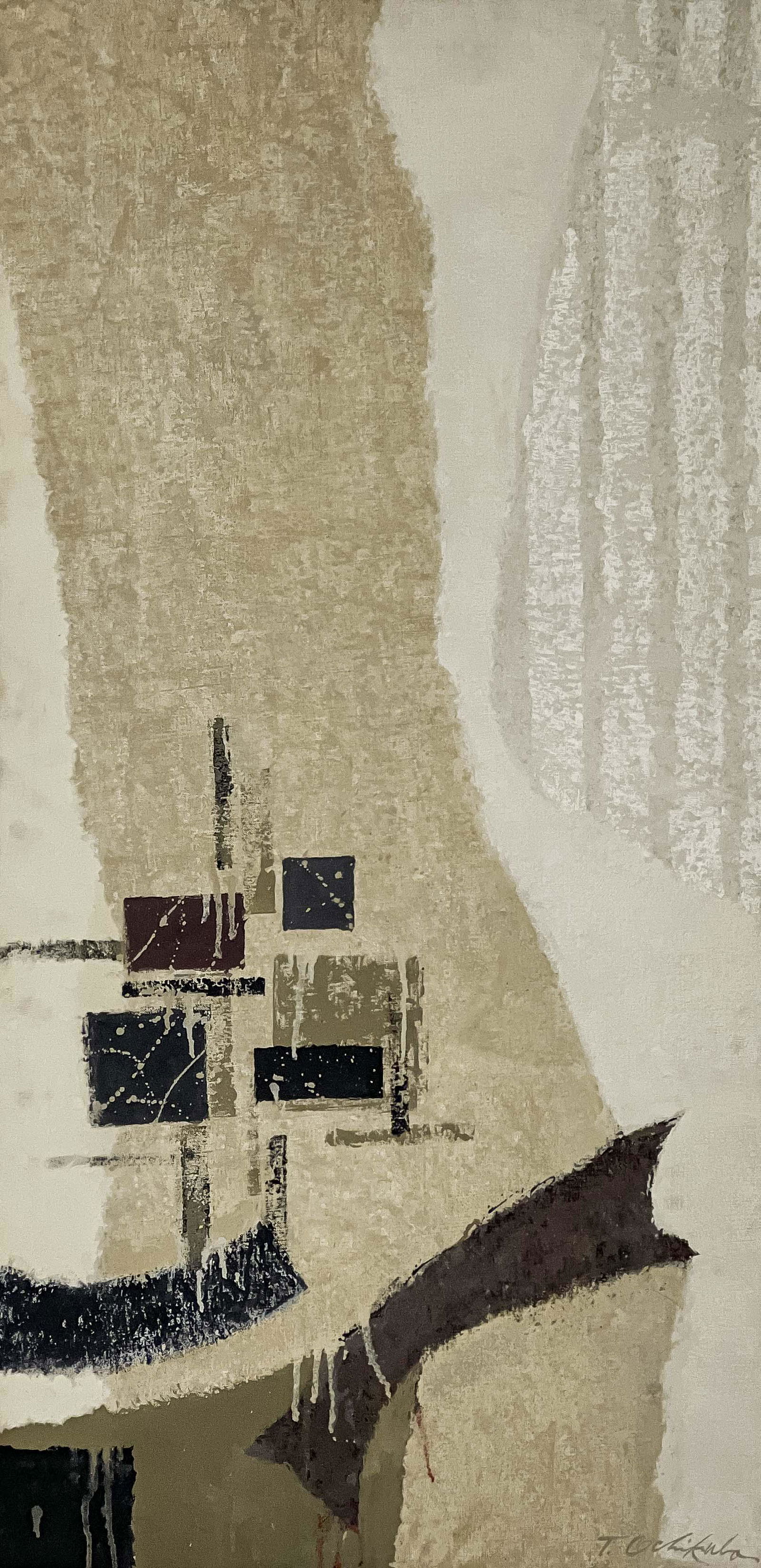 Tetsuo Ochikubo - #78: Lot 25 Tetsuo Ochikubo American (1923-1975) #78 oil on canvas signed lower right 39 3/4 x 19 3/4 inches frame dimensions: 40 1/2 x 20 1/2 x 1 1/2 inches, wood strip frame with metal veneer Provenance: