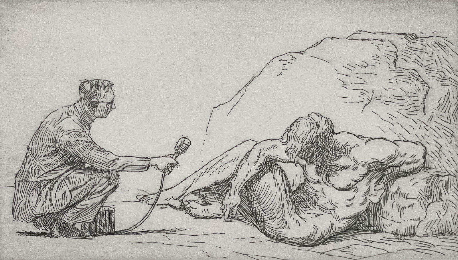 Mark Tansey - Icarus: Lot 46 Mark Tansey American (b. 1949) Icarus (1977) etching signed in pencil lower right, TP 4 plate: 3 1/8 x 5 1/2 inches frame dimensions: 9 1/2 x 12 1/8 x 1 3/8 inches, wood frame with glazing Prov