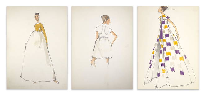 Michaele Vollbracht - 3 Illustrations for Geoffrey Beene: Lot 22 Michaele Vollbracht American (1947-2018) 3 Illustrations for Geoffrey Beene (1960-69) pencil, marker, and water color on cardstock comprised of three fashion illustrations, with one illustratio