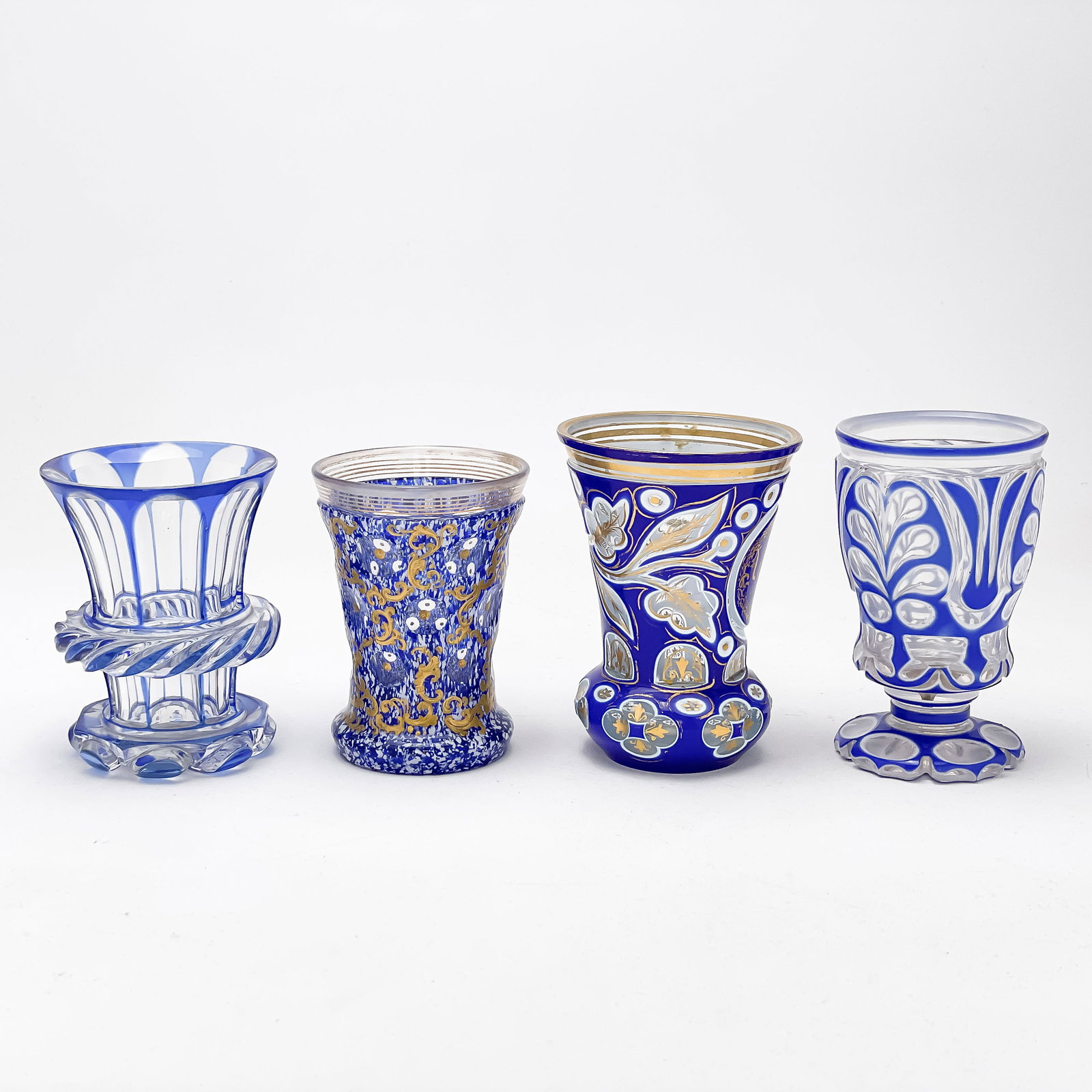 Bohemian Cobalt Blue Cut to Clear Glass Goblets, Group of 4 (1 of 5)