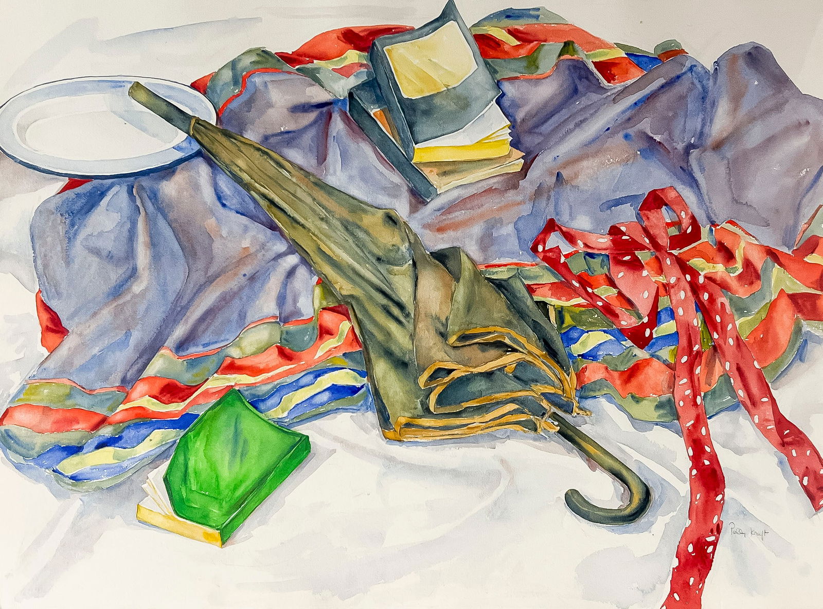 Polly Kraft - Umbrella Still Life: Lot 221 Polly Kraft American (1928-2017) Umbrella Still Life (1984) watercolor on paper signed lower right 29 1/2 x 41 1/2 inches frame dimensions: 33 x 45 1/4 x 1 1/2 inches, wood frame with acrylic