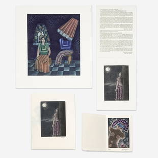 Various Artists - 4 Prints: Lot 182 Various Artists (XIX/XX) 4 Prints etching Juan Alc&#225;zar, Untitled (Woman and the Moon) Irma Guerrero Vargas, Untitled (Figure) along with 2 exhibition cards, on with print by Juan Alc&#225