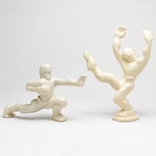 Walter Inglis Anderson (attributed) - Art Deco Football/Rugby Players, Group of 2: Lot 95 Walter Inglis Anderson (attributed) American (1903-1965) Art Deco Football/Rugby Players, Group of 2 ceramic Walter Inglis Anderson for Shearwater Pottery taller: 10 1/2 x 7 x 3 inches Provenan