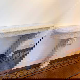 Marble Console Table: Lot 136 Marble Console Table marble top with carved apron atop two scrolled and carved marble legs 38 x 77 x 20 inches Additional Information: this lot is offered with no reserve Provenance: From a P