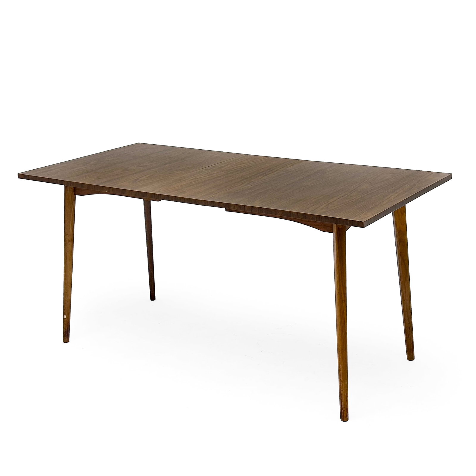 Mid Century Table: Lot 160 Mid Century Table laminate top with solid wood legs and one central leaf overall: 29 1/2 x 59 1/2 x 29 1/2 inches leaf: 29 1/2 x 12 inches Provenance: From a Private Manhattan Collection