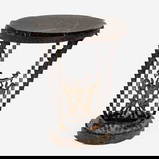 Art Deco Marble Top Wrought Iron Round Side Table: Lot 171 Art Deco Marble Top Wrought Iron Round Side Table with loose marble top and base featuring three figures holding up tray, possibly lacking insert with Sotheby's tag height: 24 inches diameter