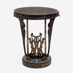 Art Deco Marble Top Wrought Iron Round Side Table: Lot 171 Art Deco Marble Top Wrought Iron Round Side Table with loose marble top and base featuring three figures holding up tray, possibly lacking insert with Sotheby's tag height: 24 inches diameter