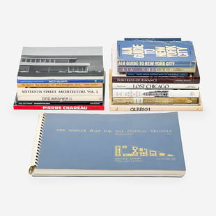 Collection of 17 Architecture Books: Lot 225  Collection of 17 Architecture Books comprised of volumes mostly focused on deco, city, modern, and historic architecture, as well as volumes on Otto Wagner, Pierre Chareau, Richard Neutra, an