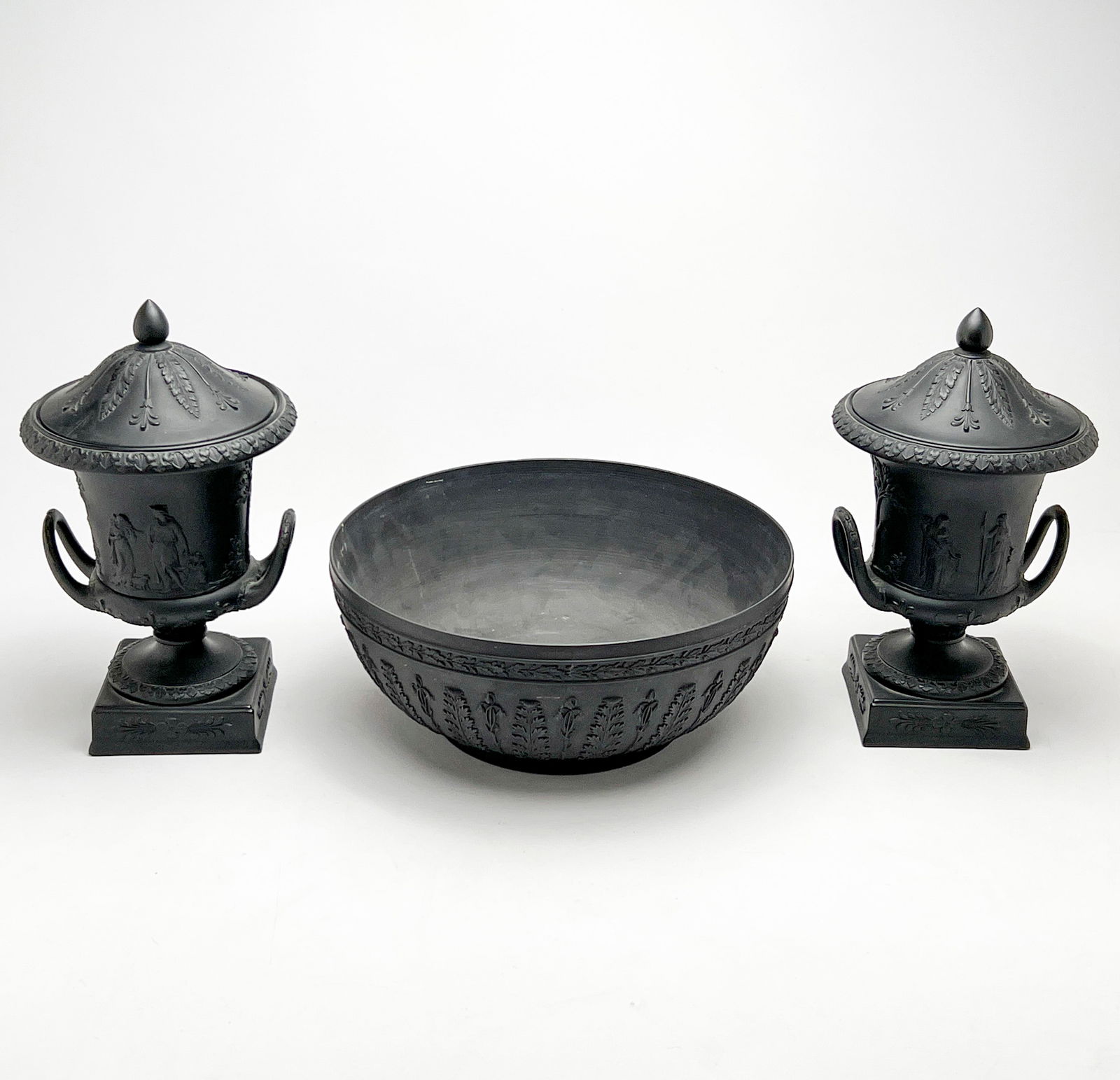 Wedgwood  - Basalt Covered Urns and Center Bowl, Group of 3 (1 of 5)