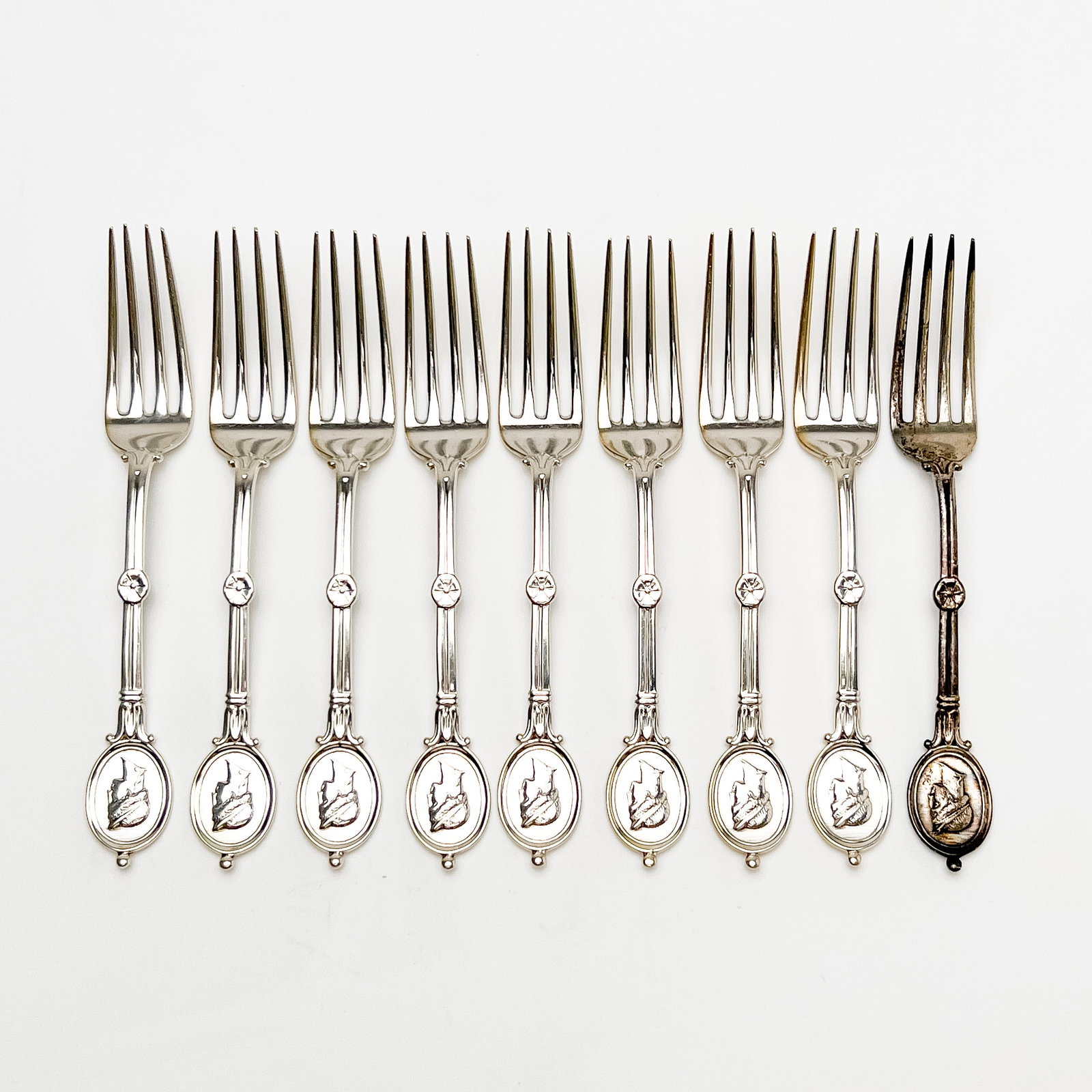 Ball, Black and Co. - Sterling Coin Medallion Forks: Lot 60 Ball, Black and Co. American Manufacturer (Founded 1810) Sterling Coin Medallion Forks sterling silver approximate weight 330 grams each marked ”925” with maker's mark length: 6 3/4