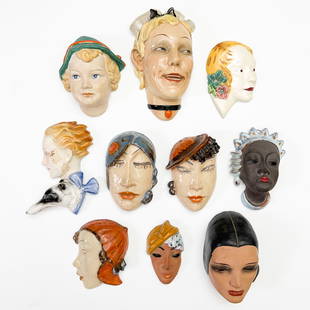 Wall Masks, Group of 10: Lot 92 Wall Masks, Group of 10 mostly ceramic including masks by Walter Bosse, Karlsruher Majolika, Dorothy Margot English largest: 11 x 6 x 4 inches Provenance: Property from the Estate of Seymour S