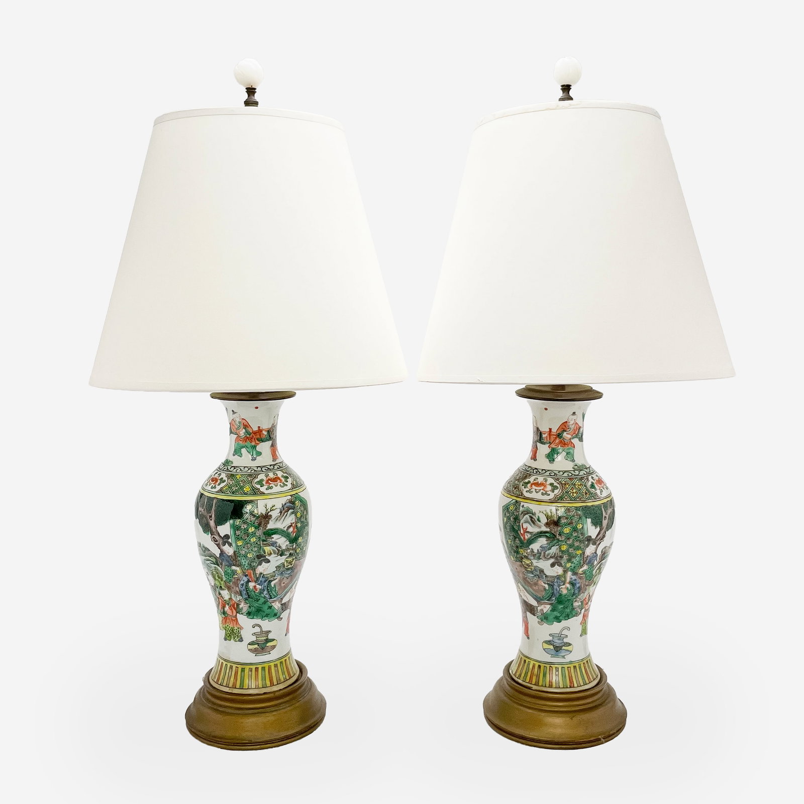 Pair of Famille Verte Chinese Vases Mounted as Lamps: Lot 131 Pair of Famille Verte Chinese Vases Mounted as Lamps matching vases mounted as lamps on wooden bases with interior scene from the Republic Period height (each): 26 inches diameter (each): 6 in