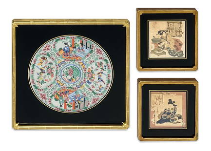 Japanese Woodcuts and Needlepoint, 3 Works: Lot 160 Japanese Woodcuts and Needlepoint, 3 Works lot includes: pair of Japanese woodcuts by Totoya Hokkei, Woman with Poem Cards and Woman Writing a Letter one needlepoint sight diameter