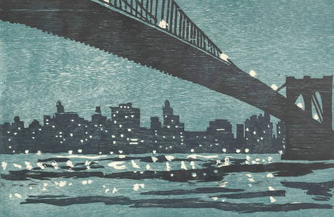 Richard Bosman - Brooklyn Bridge: Lot 116 Richard Bosman American (b.1944) Brooklyn Bridge woodcut signed lower right, editioned 47/200 plate: 13 1/4 x 22 inches frame dimensions: 22 x 28 1/2 x 1 inches, metal frame with glazing Prove