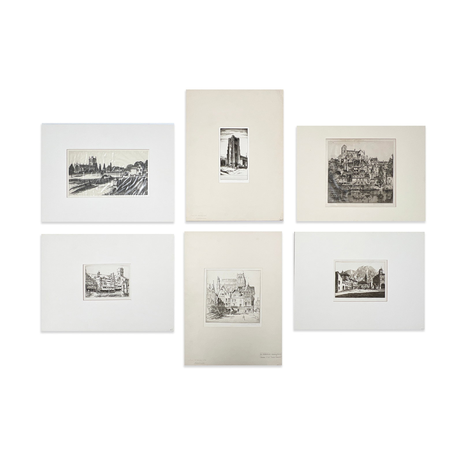 John Taylor Arms - Etchings, Group of 6: Lot 147 John Taylor Arms American (1887-1953) Etchings, Group of 6 etching including This England, Lavenham, Abbeville, The Old Exe Bridge each signed plate (largest): 9 1/8 x 9 5/8 inches unframed Pr