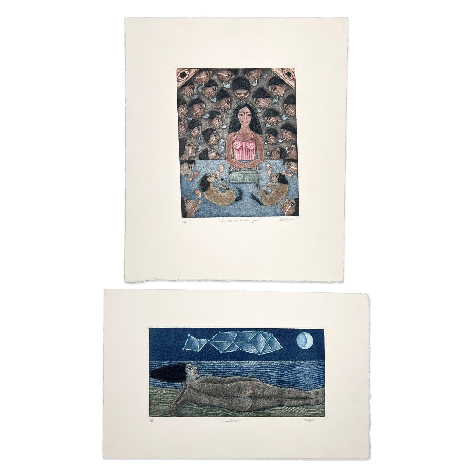 Juan Alcázar - Constelación / Las chismosas son ojos (2 Works): Lot 154 Juan Alcázar Mexican (1955-2013) Constelación / Las chismosas son ojos (2 Works) etching each signed lower right and editioned P/A plate (larger): 9 3/4 x 7 3/4 inches unframed Prove