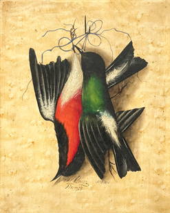 Michelangelo Meucci - Untitled (Still Life of 2 Birds): Lot 42 Michelangelo Meucci Italian (1840-1909) Untitled (Still Life of 2 Birds) (1876) oil on board signed lower center 10 x 8 inches frame dimension:14 x 12 x 1 inches Provenance: From a Private Coll