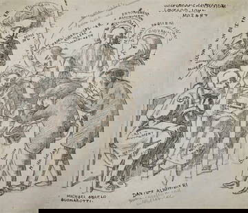 Simeon Solomon - Simeon Solomon's and Henry Holiday's Artistic Heroes: Lot 90 Simeon Solomon British (1840-1905) Simeon Solomon's and Henry Holiday's Artistic Heroes Ink (brown & black), pencil/paper 7 5/8 x 8 1/2 inches unframed Additional Information: Inscr. ”a