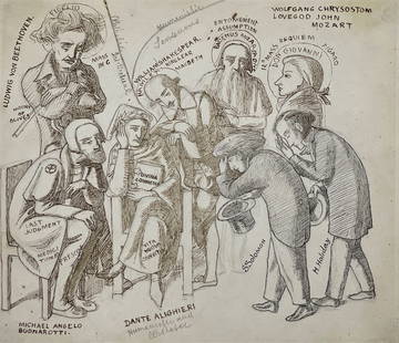 Simeon Solomon - Simeon Solomon's and Henry Holiday's Artistic Heroes: Lot 90 Simeon Solomon British (1840-1905) Simeon Solomon's and Henry Holiday's Artistic Heroes Ink (brown & black), pencil/paper 7 5/8 x 8 1/2 inches unframed Additional Information: Inscr. ”a