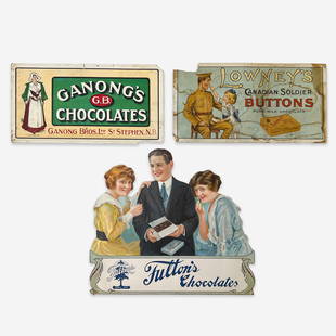 Lowney's Milk Chocolate and other Vintage Chocolate Advertisements, Group of 3: Lot 16  Lowney's Milk Chocolate and other Vintage Chocolate Advertisements, Group of 3 including Lowney's Canadian Soldier Buttons Pure Milk Chocolate, Ganong's G.B. Chocolates, and Fulton's Chocolate