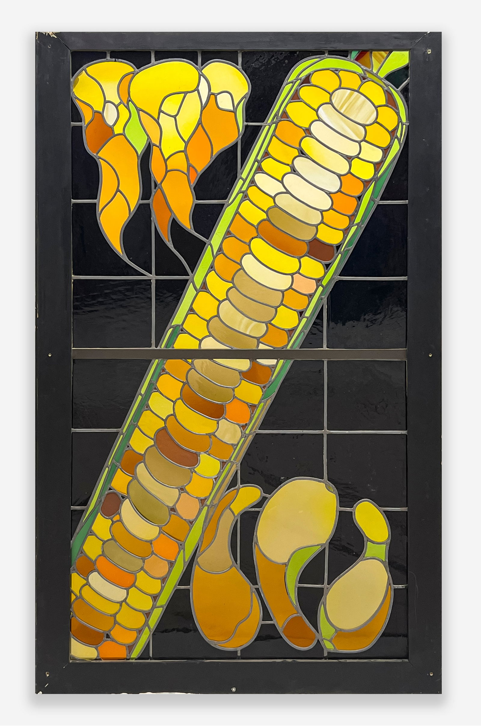 Lowell Nesbitt - Stained Glass Panel with Carrots, Corn and Squash: Lot 33 Lowell Nesbitt American (1933-1993) Stained Glass Panel with Carrots, Corn and Squash stained glass panel panel: 72 1/4 x 40 inches frame dimensions: 78 3/4 x 48 3/4 x 1 3/4 inches, wood frame