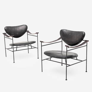 Luther Conover Style Mid-Century Lounge Chairs: Lot 107 Luther Conover Style Mid-Century Lounge Chairs (1950s) wrought iron frame with black leather seat and back, and natural leather sling arms each: 29 1/2 x 26 3/4 x 24 1/4 inches seat height: 1