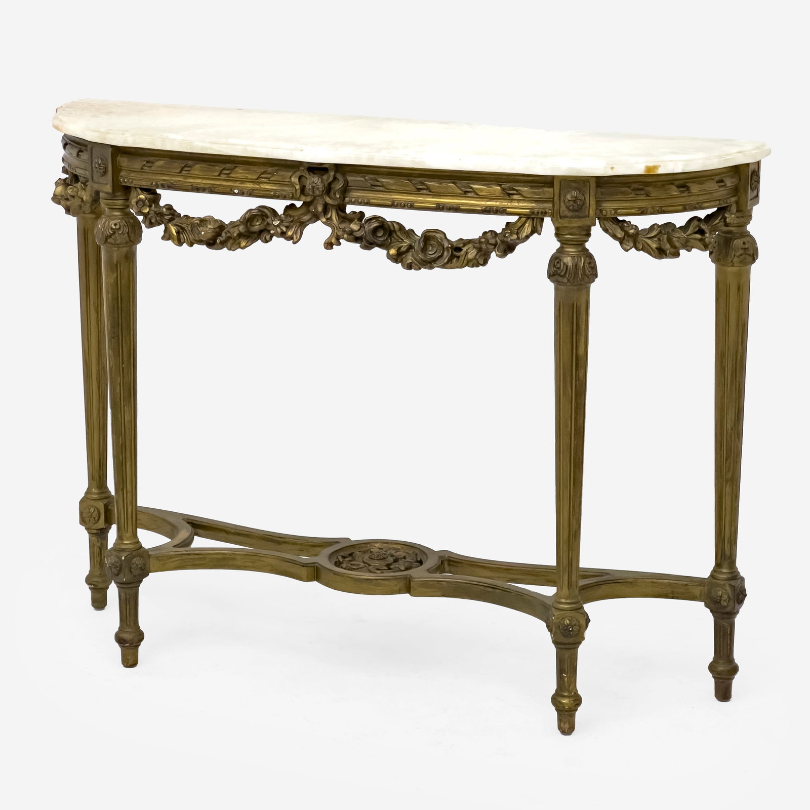 Louis XVI Style Gilt Garland Console: Lot 160 Louis XVI Style Gilt Garland Console with onyx top, over ribband frieze with pendant garlands, on circular fluted and tapered legs joined by stretchers, terminating in turned feet 33 1/4 x 45 