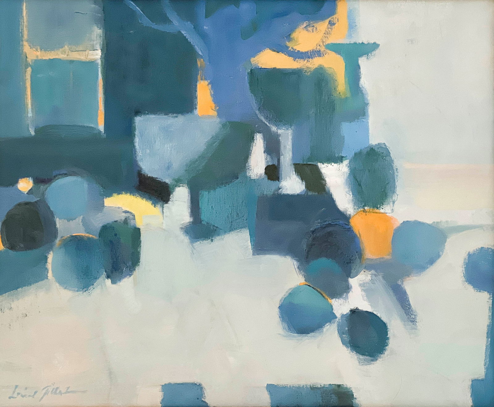 Lionel Gilbert - Blue Compote: Lot 79 Lionel Gilbert American (1912-2005) Blue Compote (1974) oil on canvas signed lower left 20 x 24 inches frame dimensions: 24 1/2 x 28 1/2 x 1 1/4 inches, wood frame Provenance: Collection of Pau