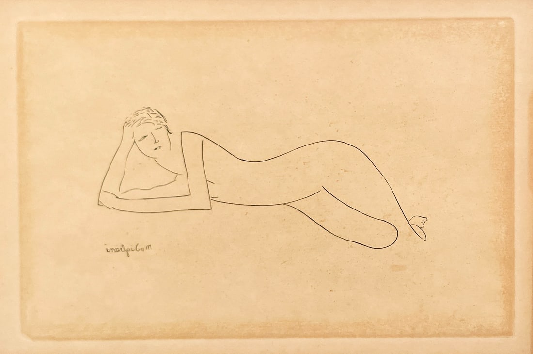 after Amedeo Modigliani - Reclining Nude: Lot 230 after Amedeo Modigliani Italian (1884-1920) Reclining Nude etching plate: 3 7/8 x 5 3/4 inches frame dimensions: 11 1/2 x 13 1/2 x 3/4 inches, wood frame with glazing Provenance: From a Welles