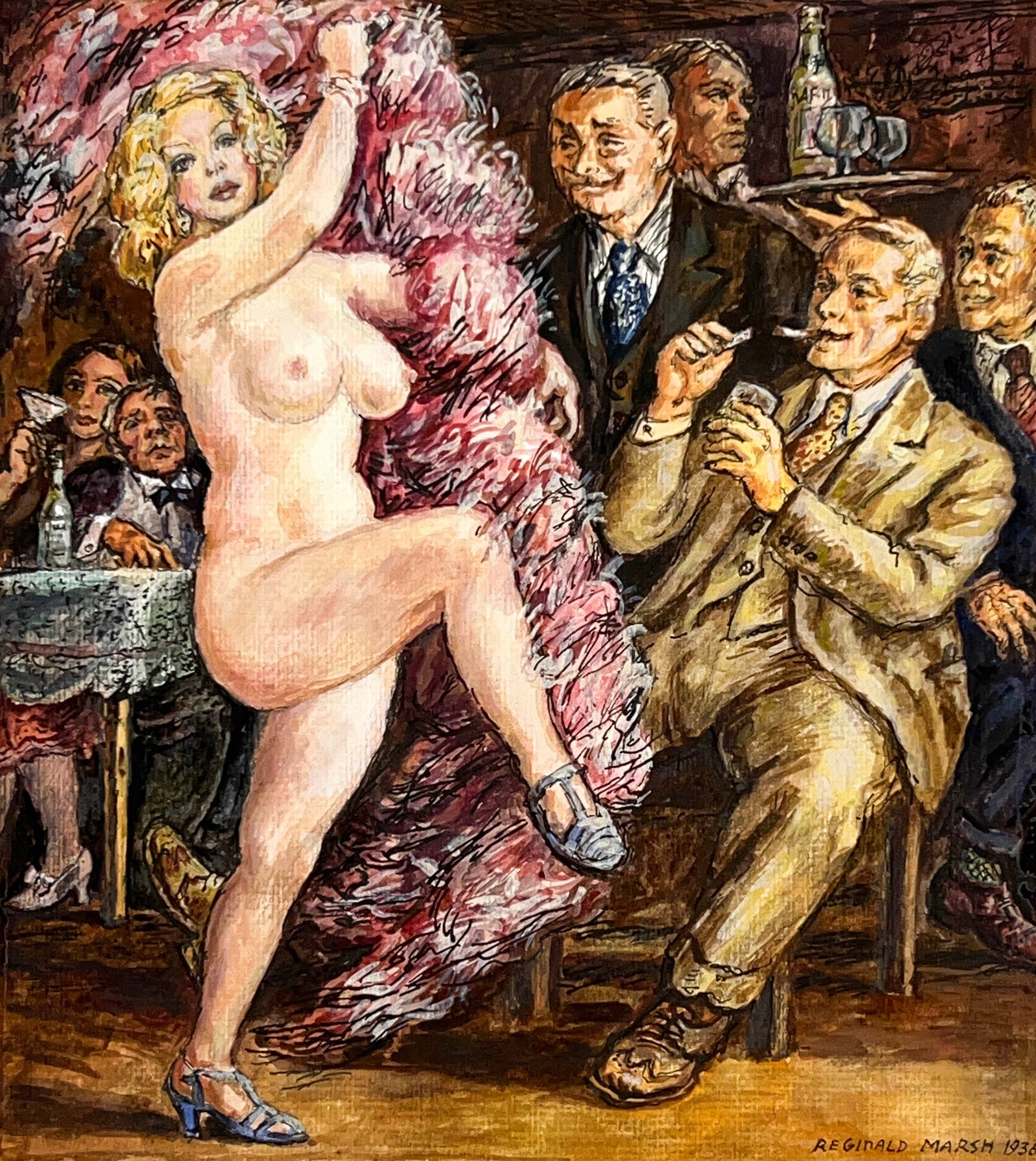 after Reginald Marsh - Down at Jimmy Kelly's: Lot 247 after Reginald Marsh American (1898-1954) Down at Jimmy Kelly’s ink and watercolor on paper bears signature ”Reginald Marsh” image: 12 1/4 x 10 3/4 inches frame dimensions: 24 x